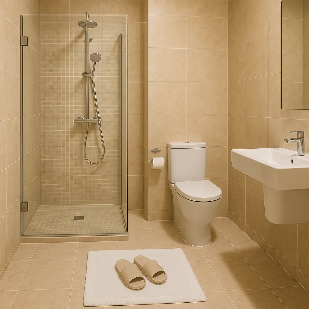 Modern Bathroom with Beige Marble Walls