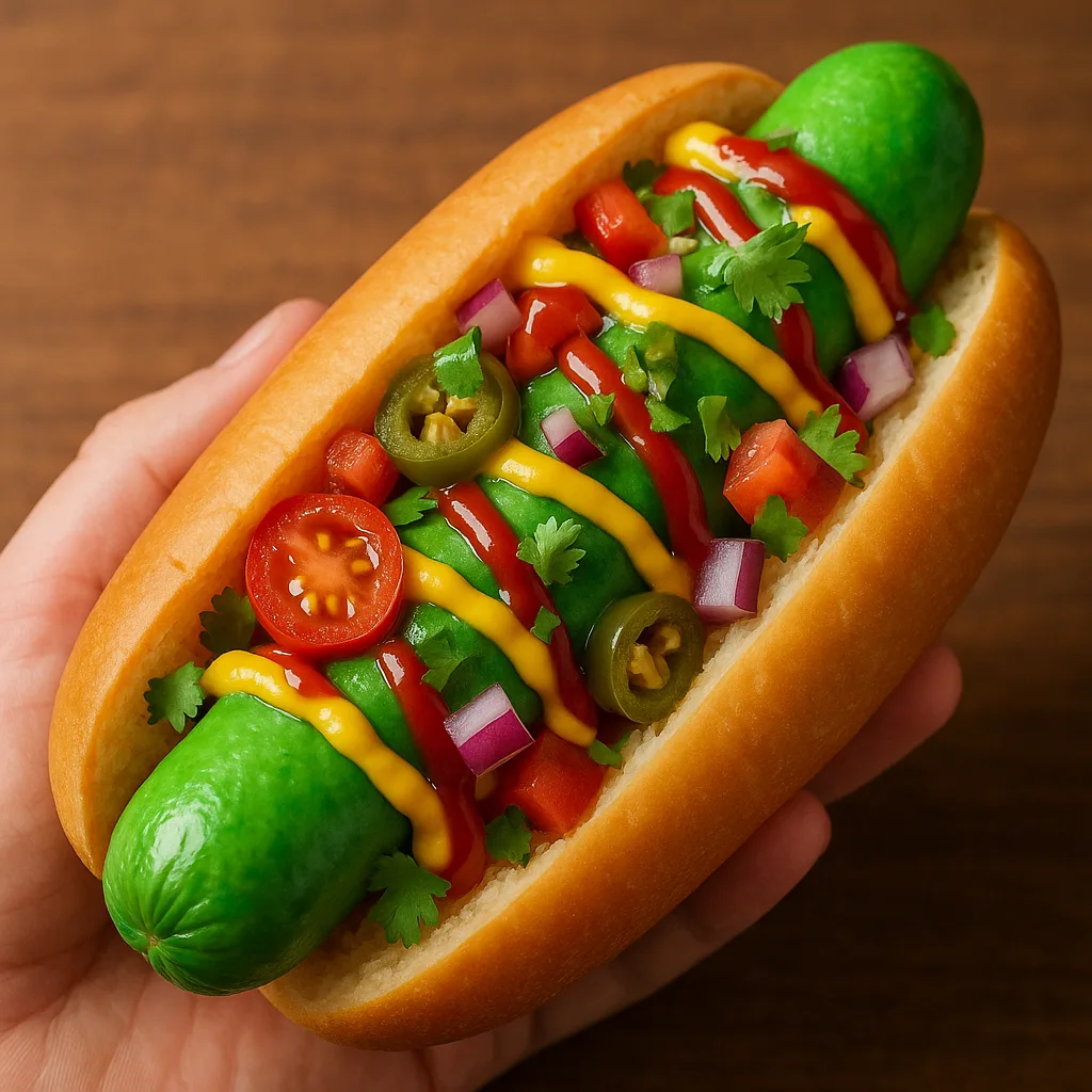 Vivid Green Sausage Nestled in a Bun