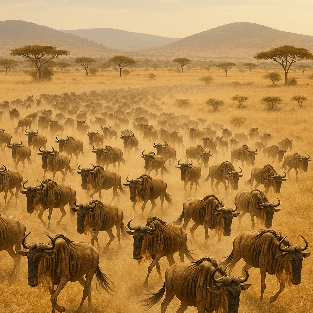 Vast Herd of Wildebeest Kicks Up Dust as They Migrate