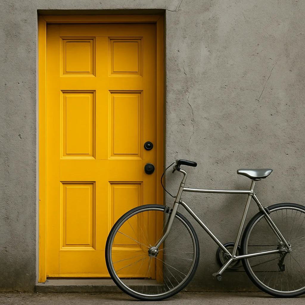 Vibrant Yellow Door Pops Against the Subdued Gray Walls