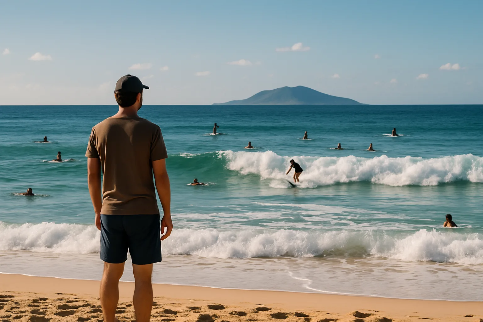 Man Stands on a Sandy Beach Watching People Surf