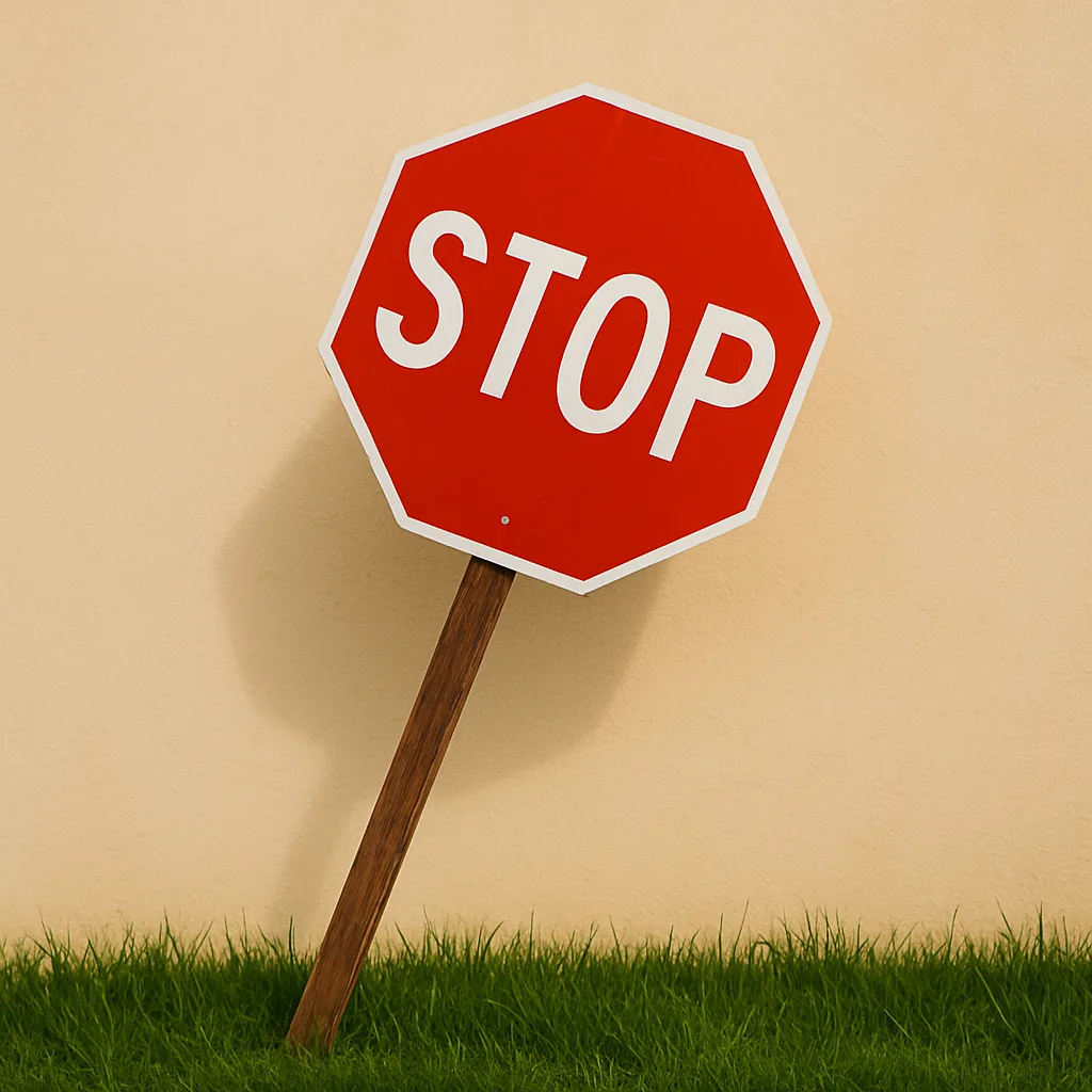 Tilted Red Stop Sign Against a Beige Wall