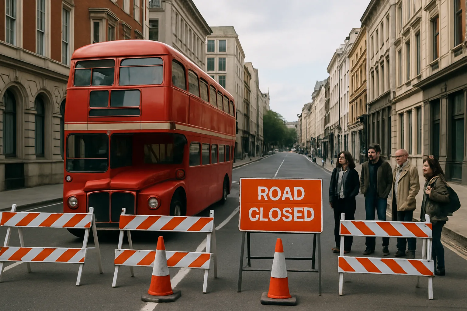 Red Double-decker Bus Is Stopped near a Barricaded Street