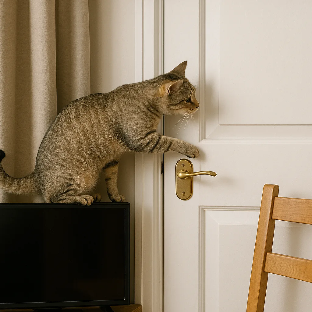 Cat Perched on a Television Stand Leans