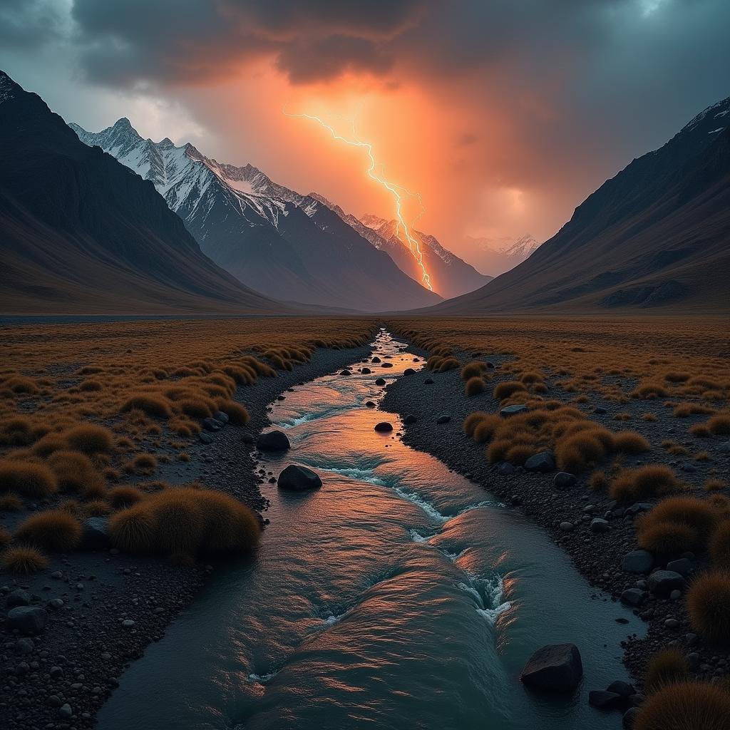 Lightning Splits an Orange Mountain Storm