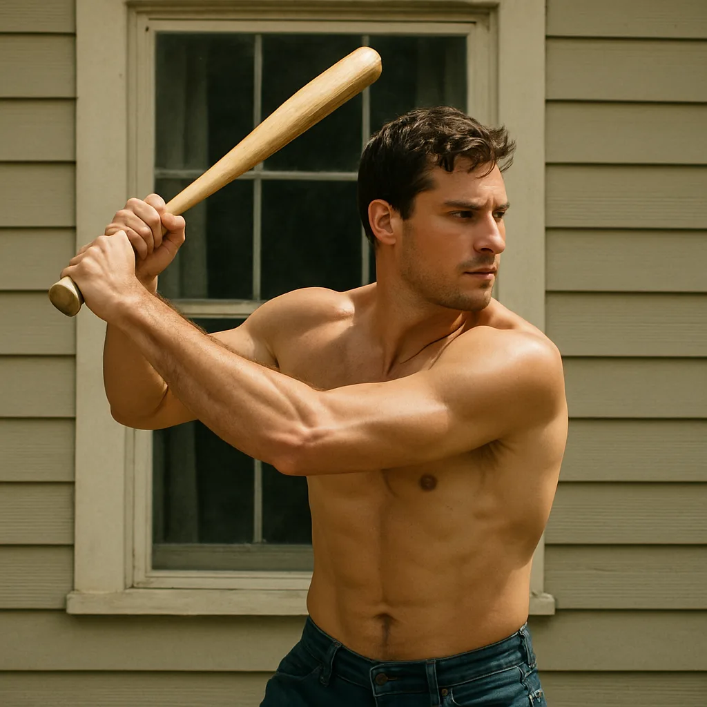Shirtless Person Holding a Baseball Bat in a Swinging Stance