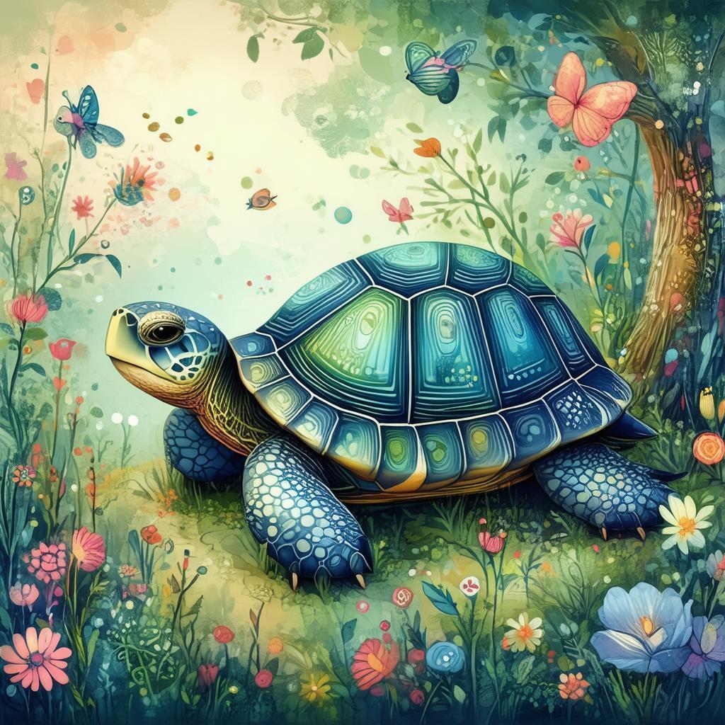 Whimsical Turtle Amid Fantastical Garden Flora