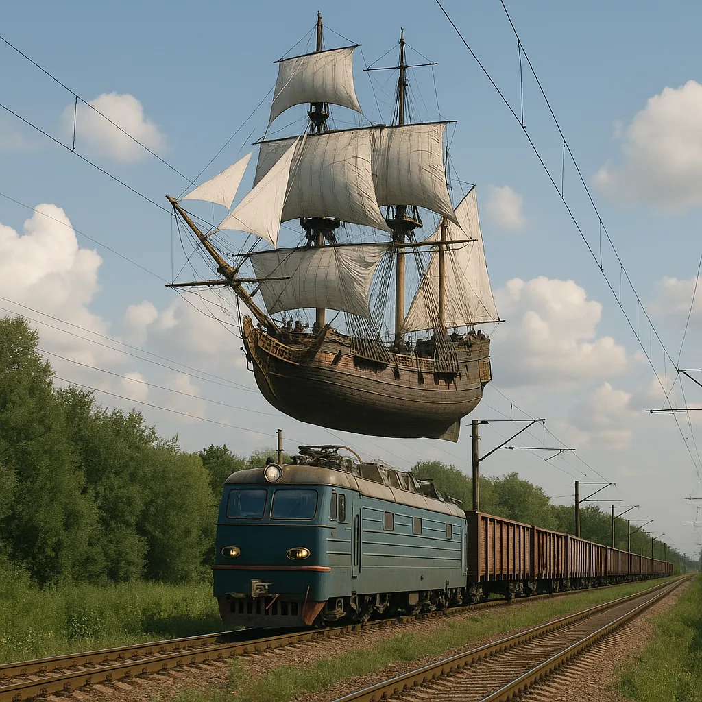Image Depicting a Ship Levitating over a Railroad