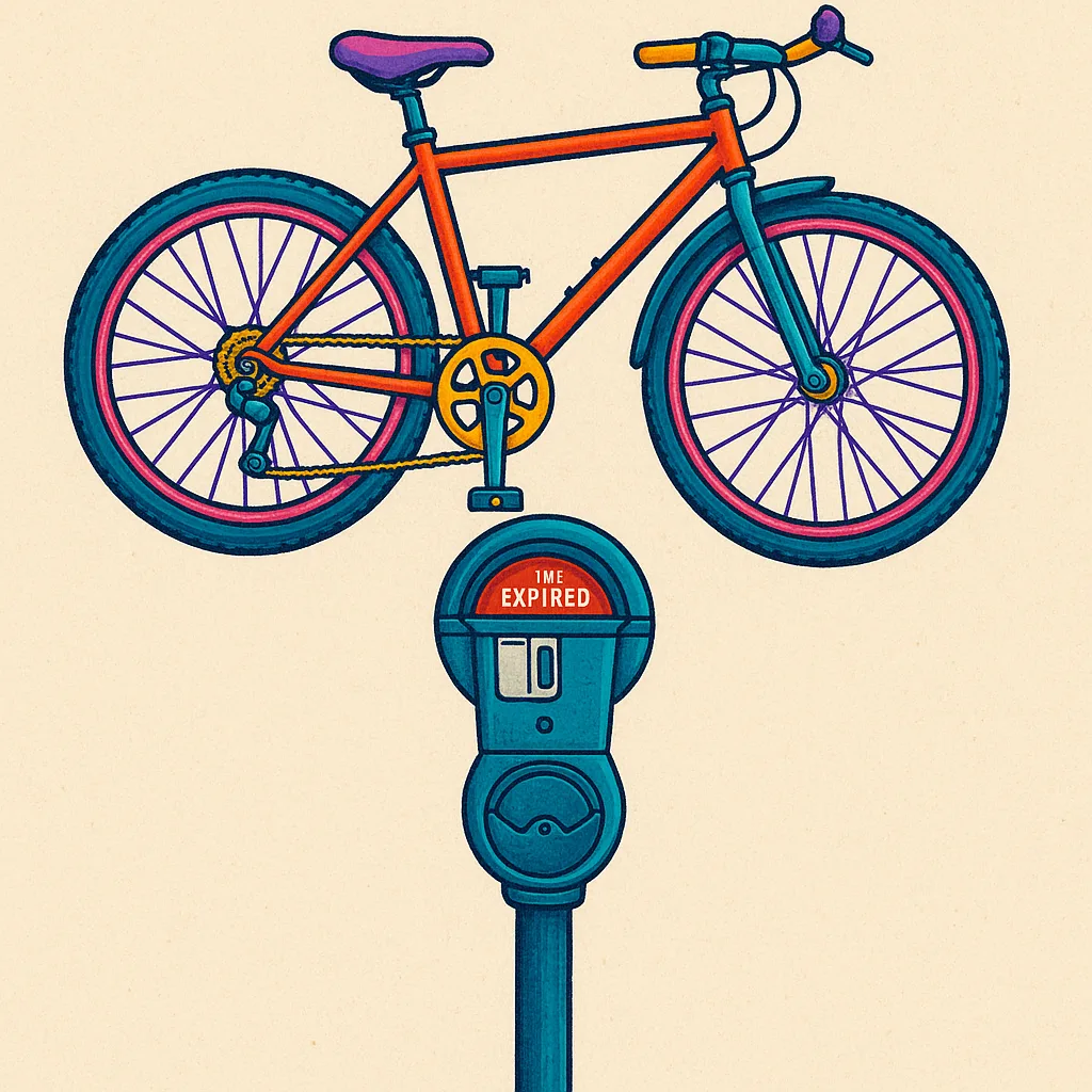 Brightly Colored Bicycle Perched Atop a Retro-themed Parking Meter