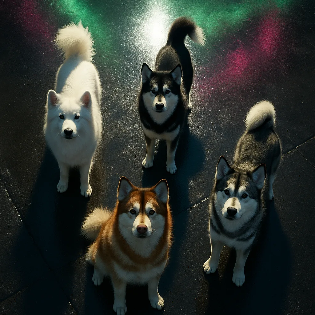 Four Distinctly Individual Malamutes Are Precisely Centered on Glistening Wet