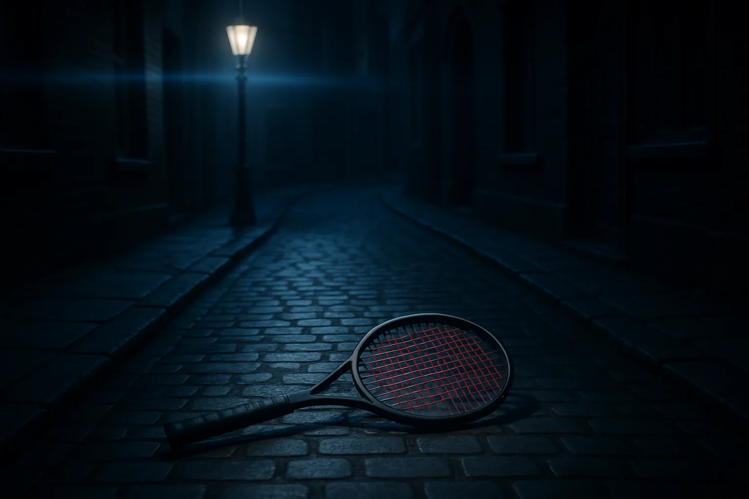 Solitary Racket—its Matte Finish Absorbing the Scant Illumination