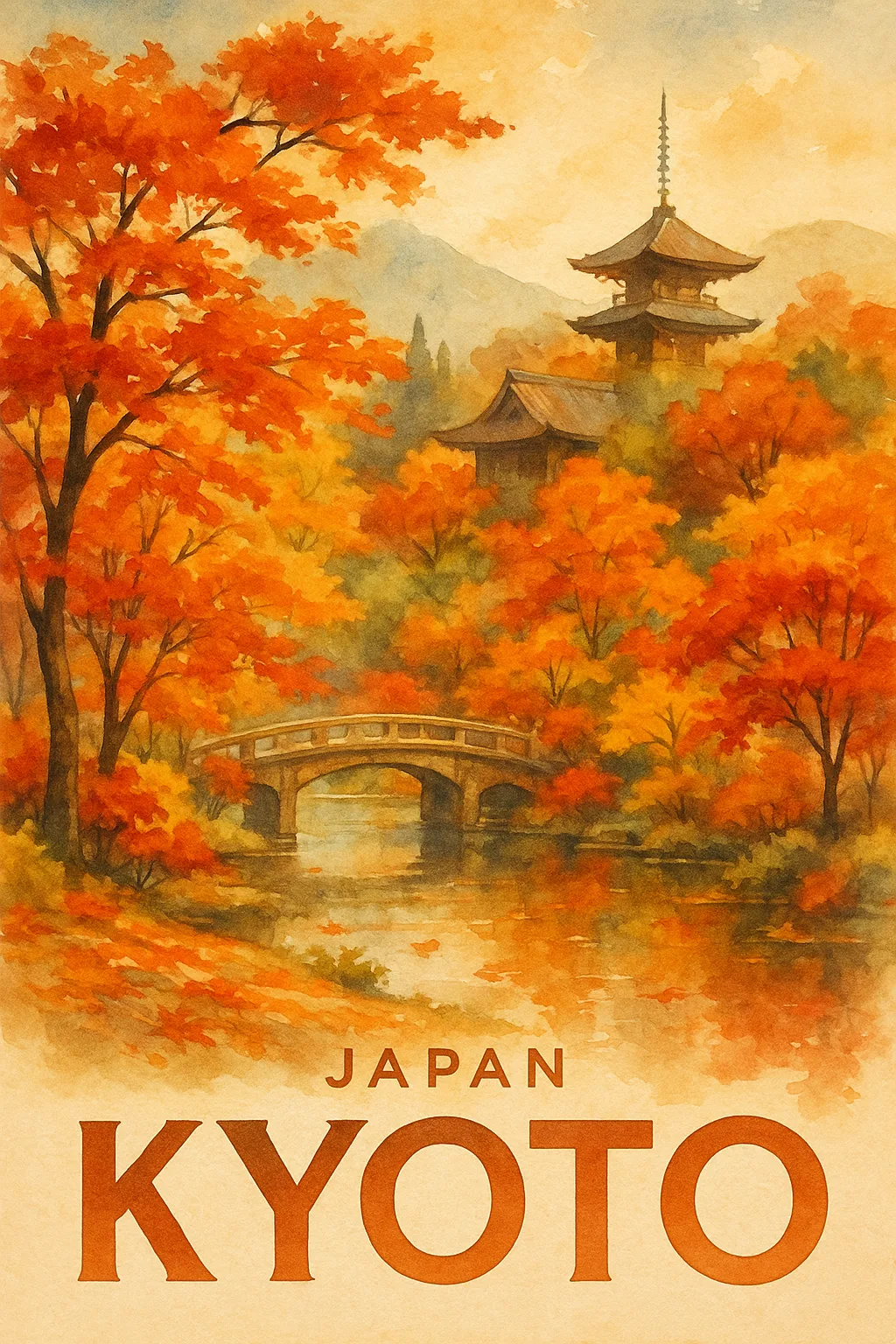 Tranquil Watercolor Poster Depicting an Autumn Landscape in Kyoto