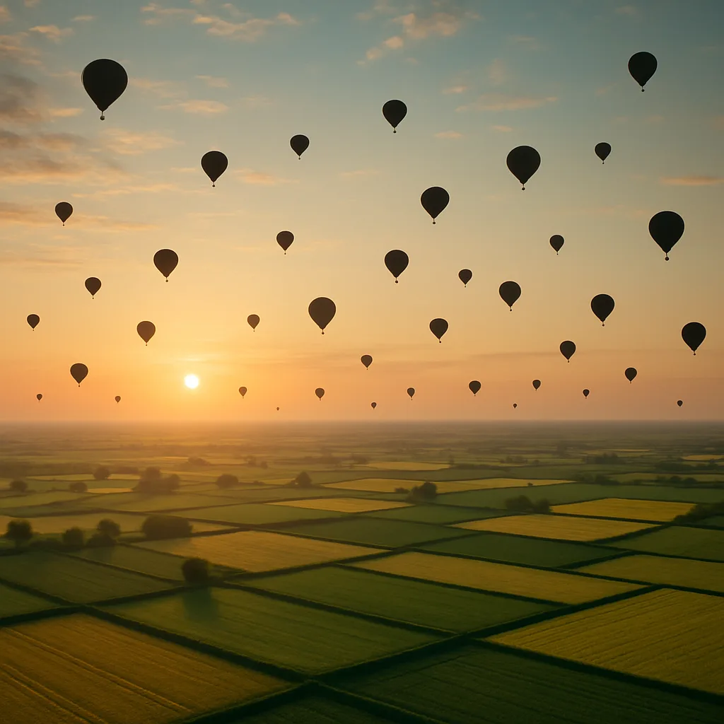 Multitude of Distant Hot Air Balloons Drifts Serenely