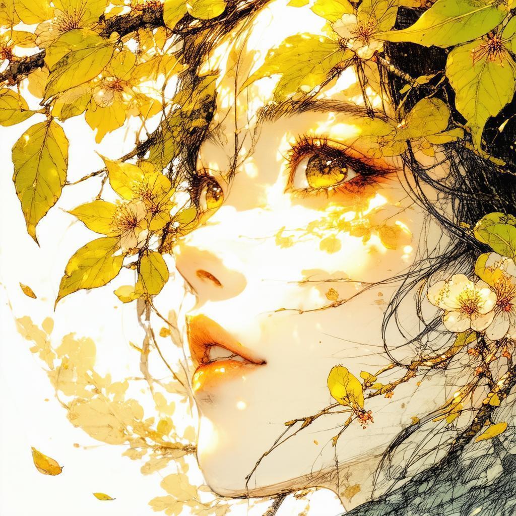 Woman's Face Etched Within a Springtime Leaf