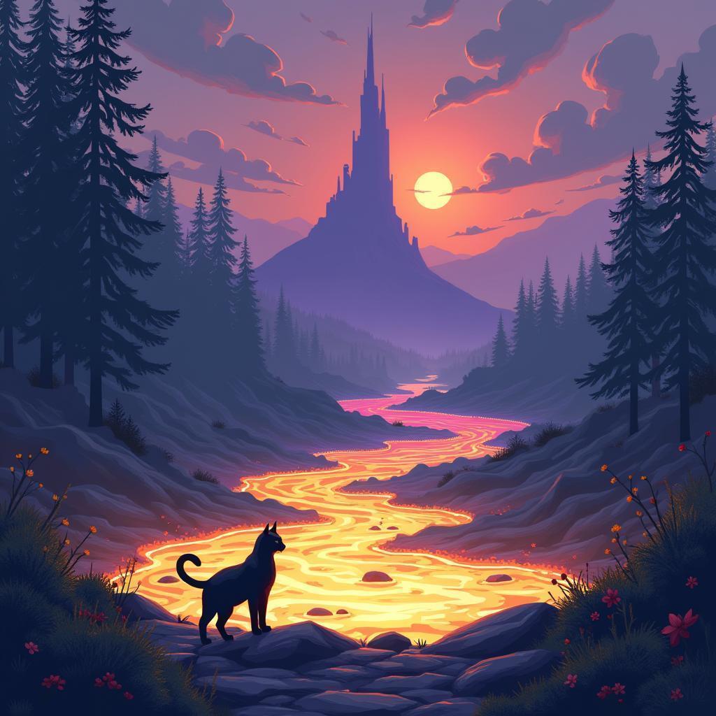 Molten Gold Lake Beneath a Purple Spire