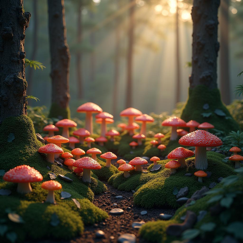 Colorful Mushroom Circle in a Misty Dark Forest