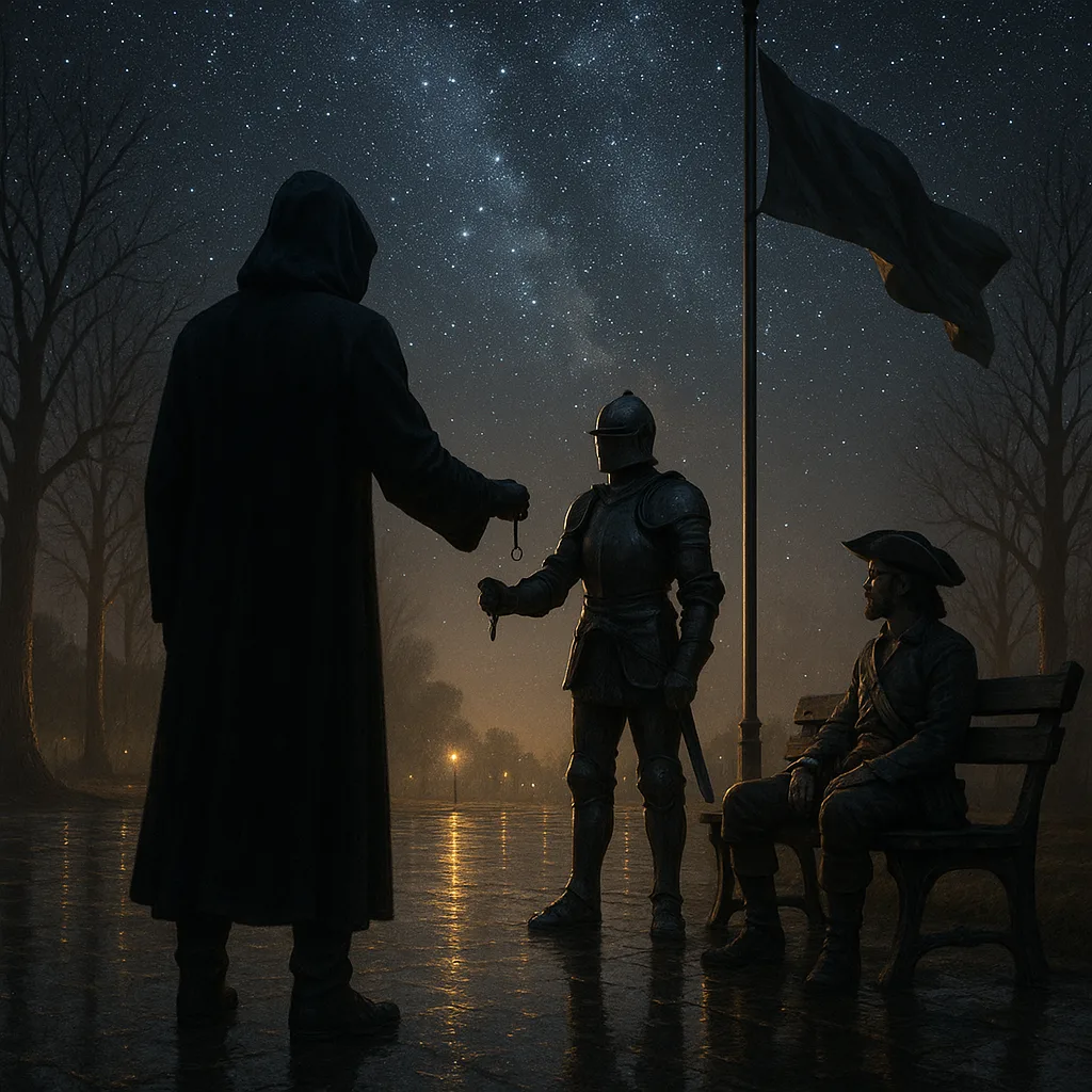 Tall Hooded Figure Extends a Whistle to a Knightly Figure