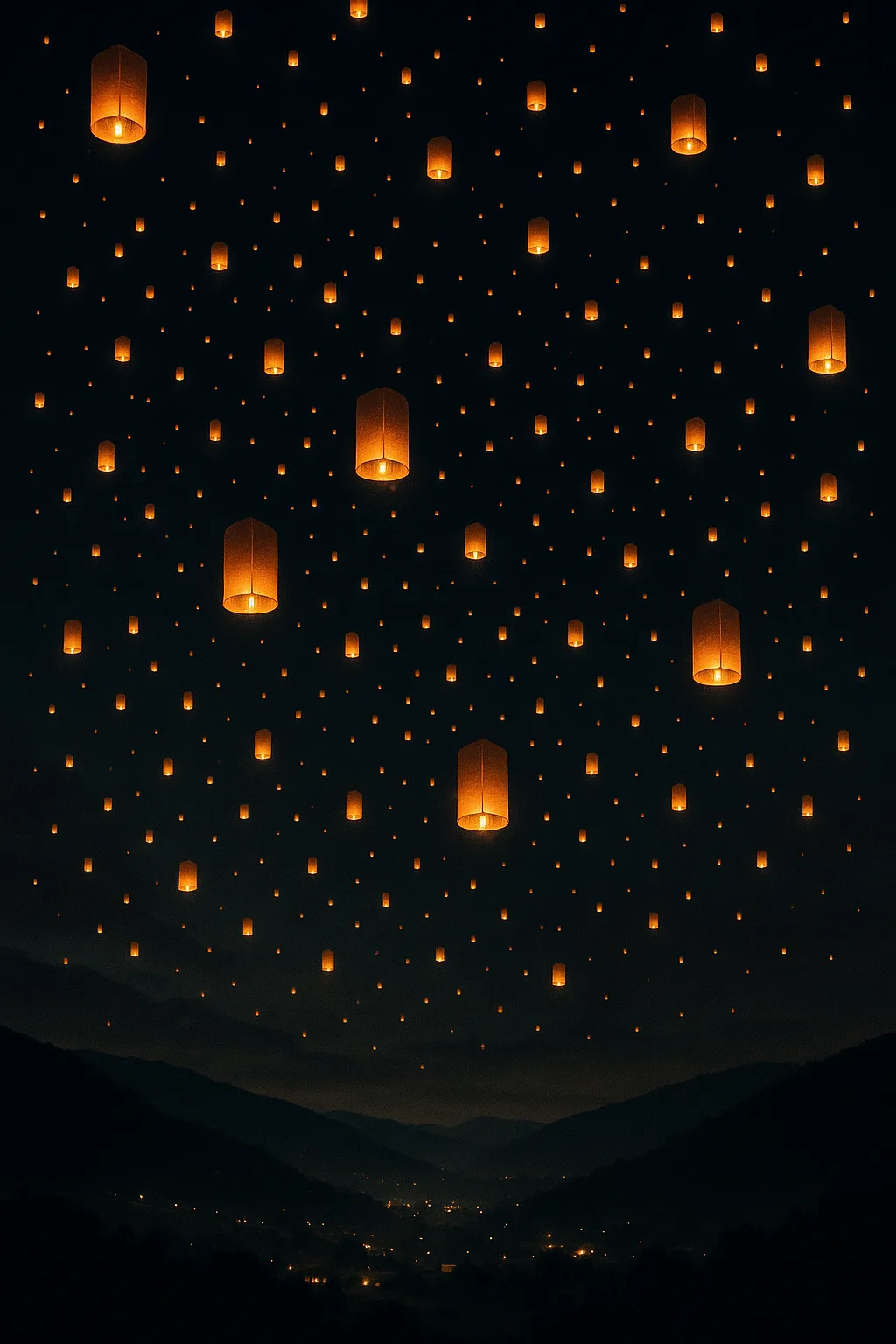 Countless Glowing Lanterns Ascend into the Dark Night Sky