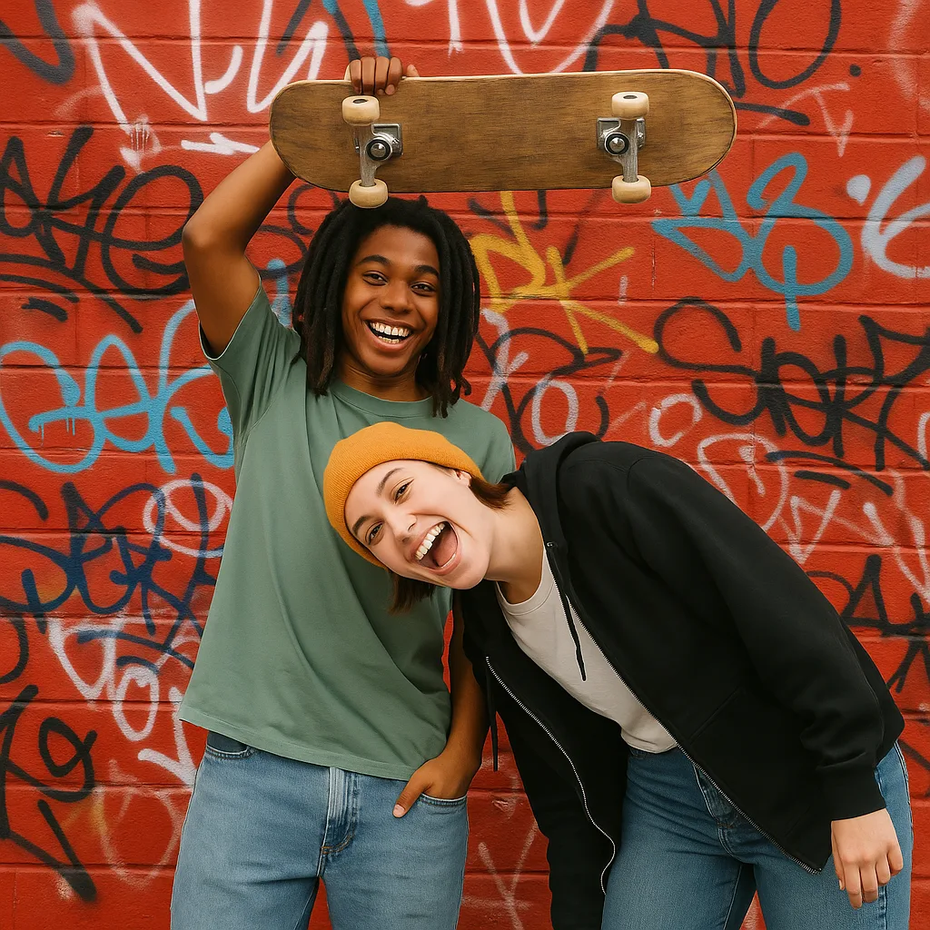Two Individuals Pose Playfully Against a Graffiti-covered Red Wall