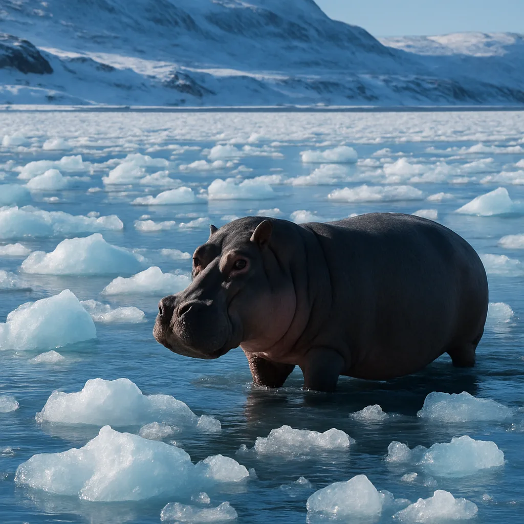 Solitary Hippopotamus Strides Through Icy Waters