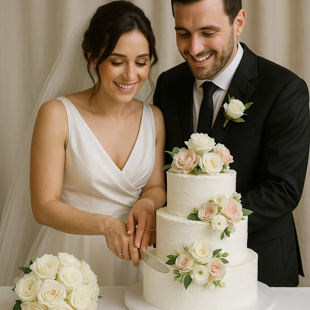 Bride and Groom Cutting a Three-tiered White Wedding Cake