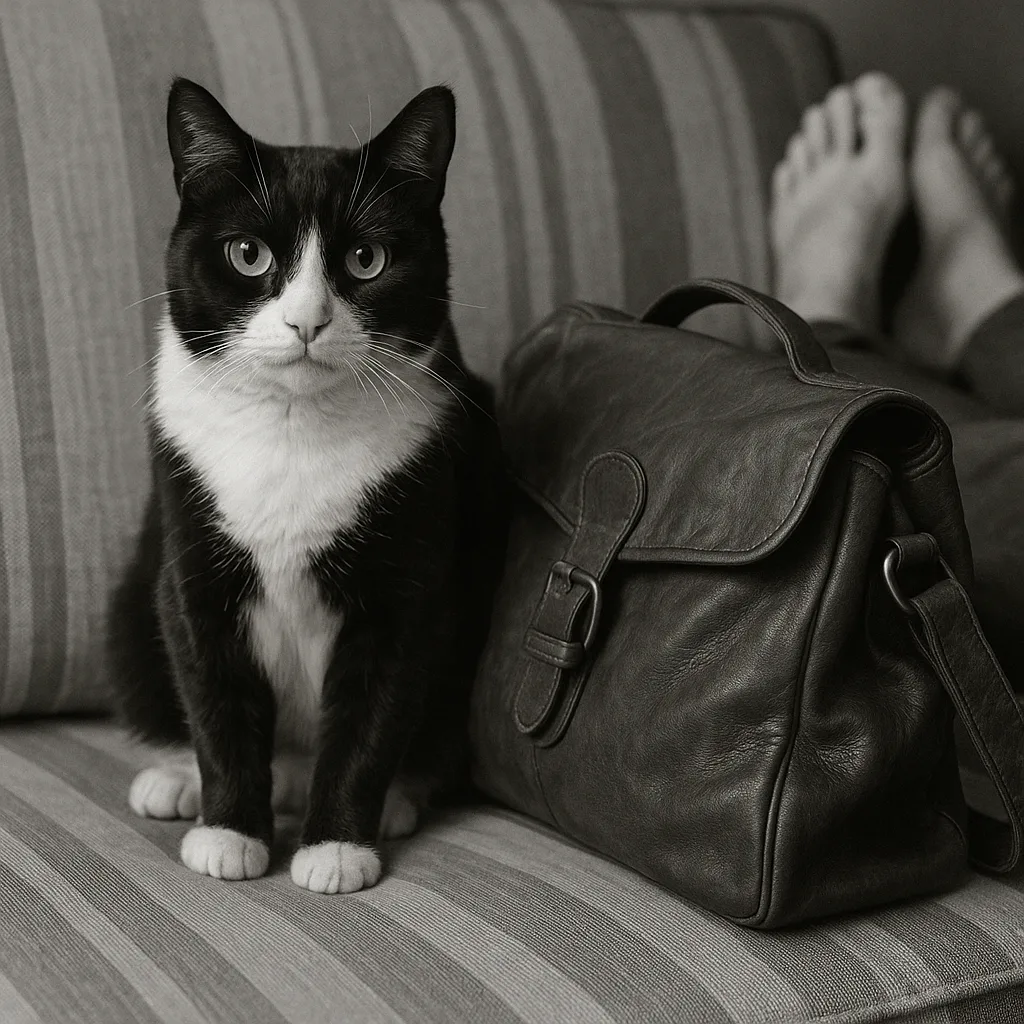 Black and White Cat Sitting on a Striped Couch