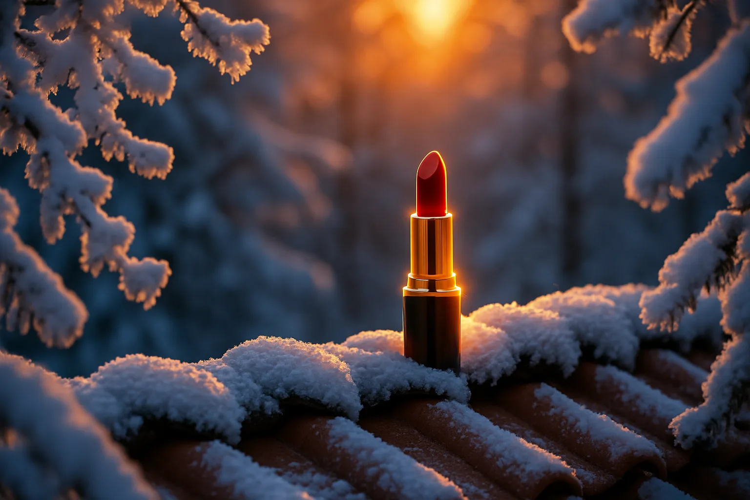 Vibrantly Golden-hour Rim-lit Lipstick on a Textured Tile Roof
