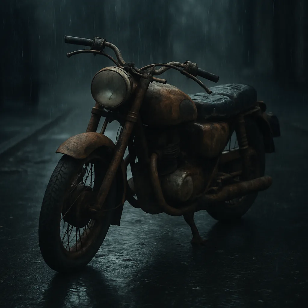 Weathered Motorcycle Lies Forsaken on a Wet