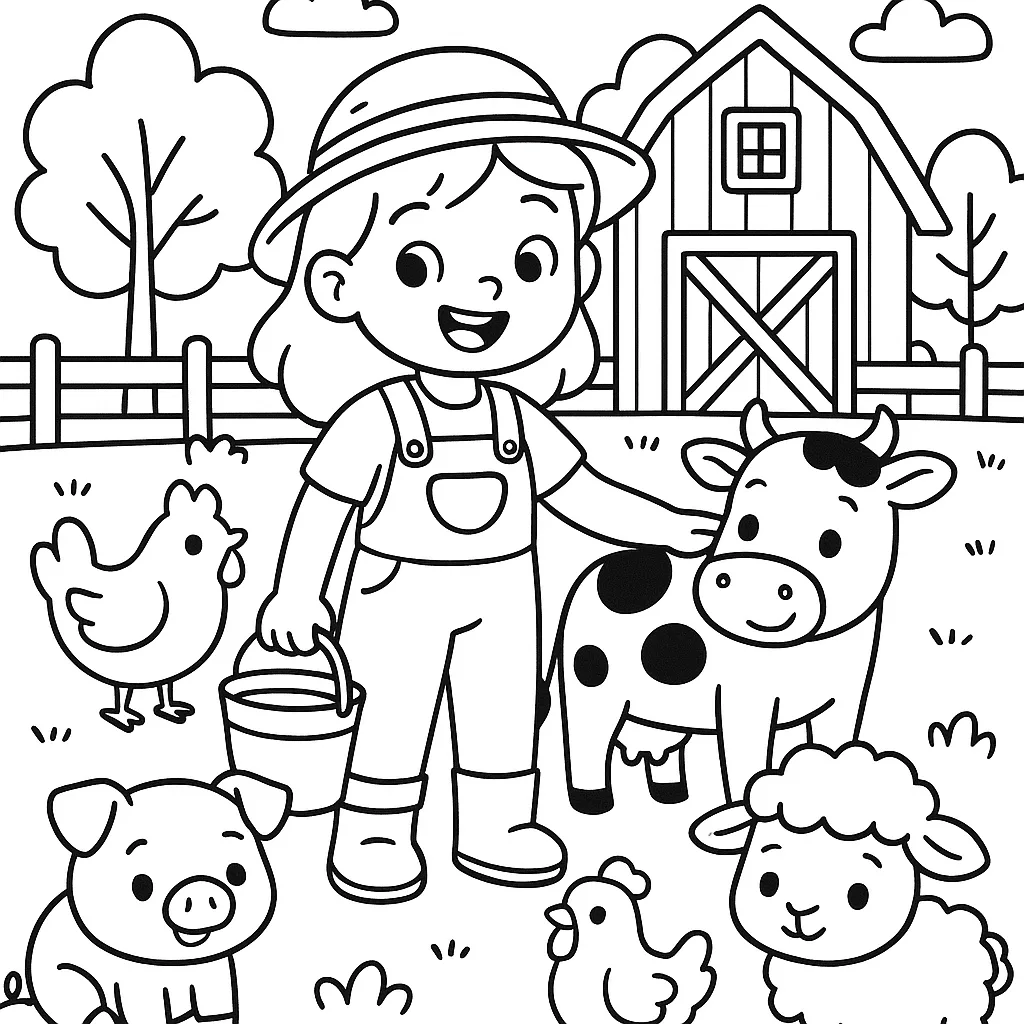 Cheerful Farm-themed Coloring Page Featuring a Girl with Animals