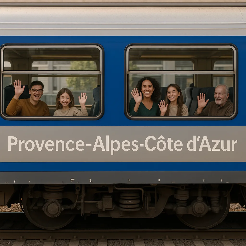 Train Car Labeled "Provence-Alpes-Côte D'Azur" with Passengers Visible