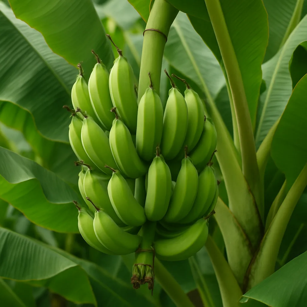Cluster of Unripe Green Bananas Growing on a Banana Tree