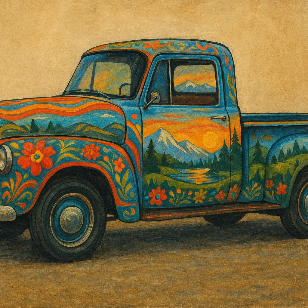 Classic Pickup Truck Decorated with Vibrant Motifs