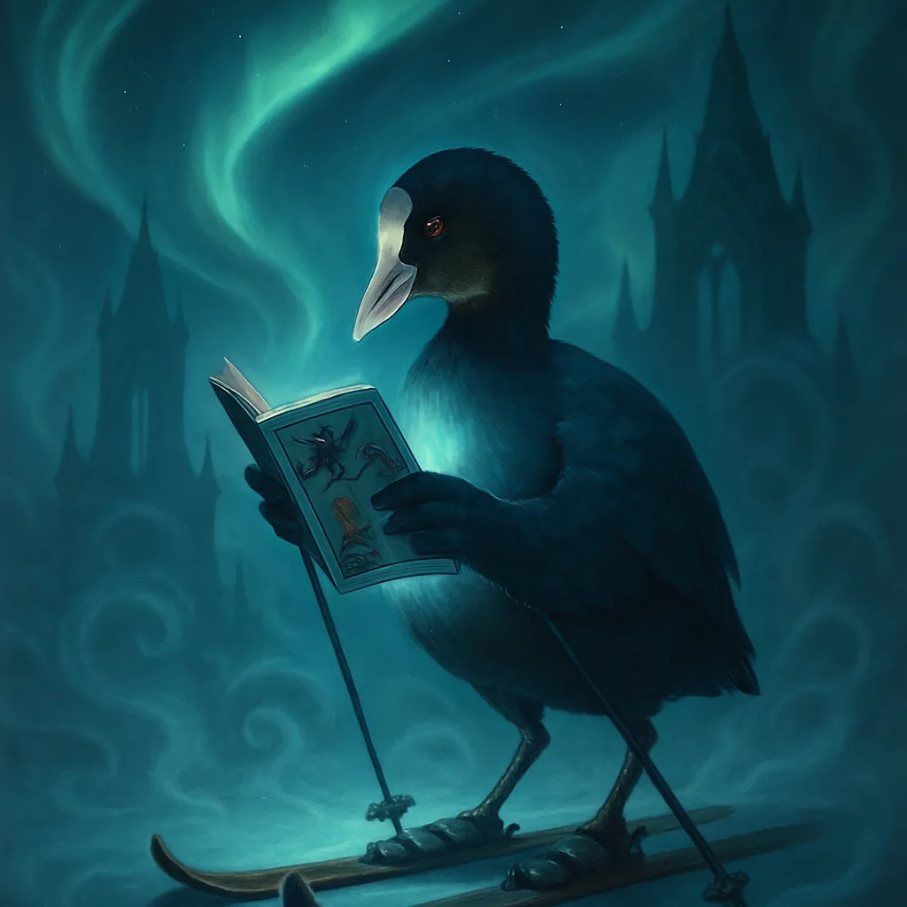 American Coot on Skis Reads a Comic
