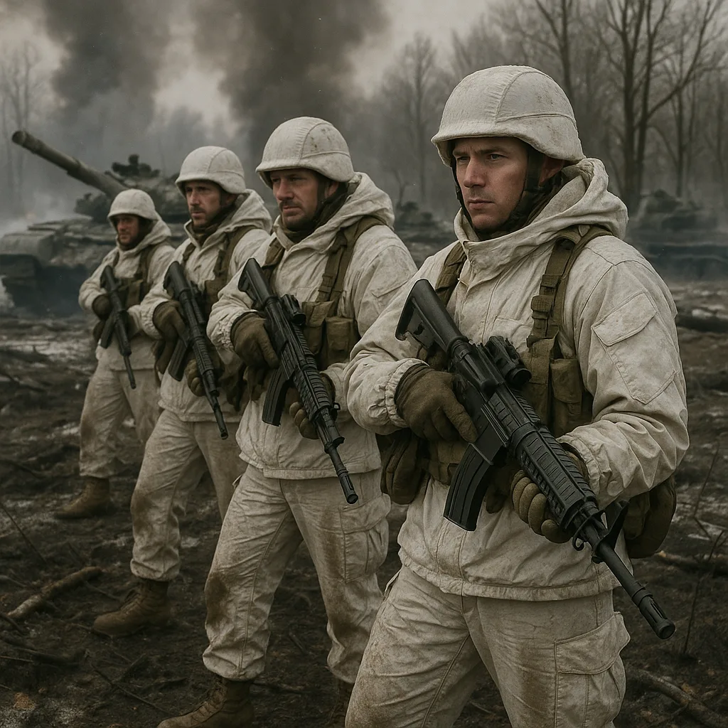 Soldiers in Winter Gear Holding Rifles in a Battlefield