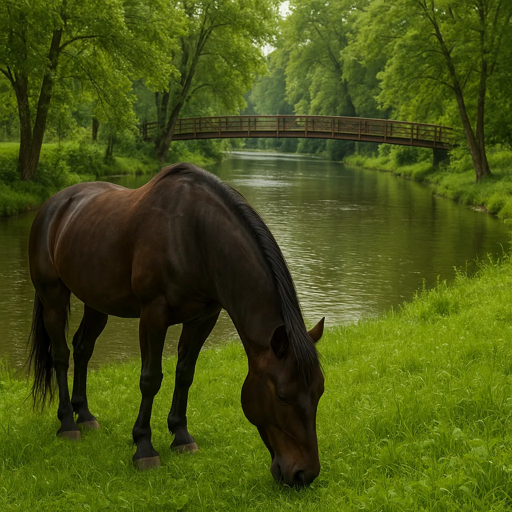Dark Brown Horse Grazes on Lush Green Grass