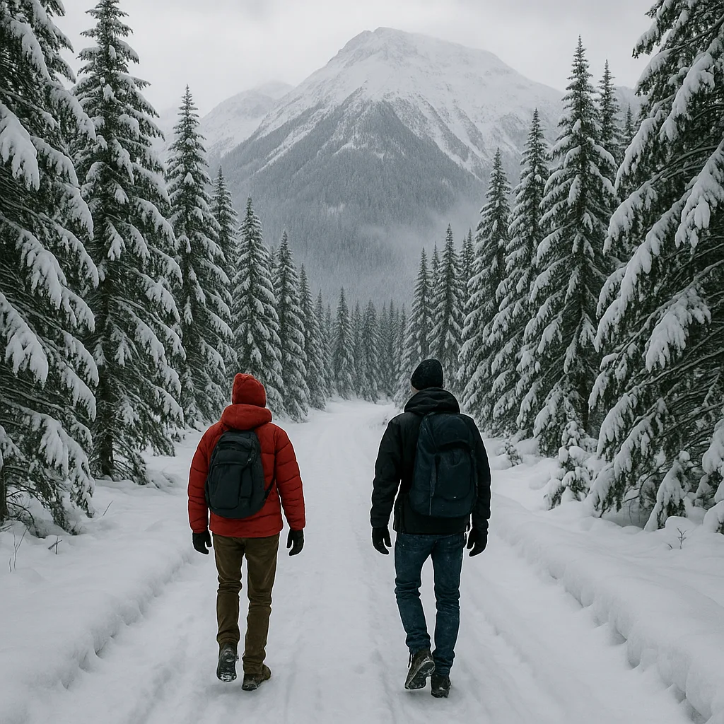 Two People Walking on a Snowy Path