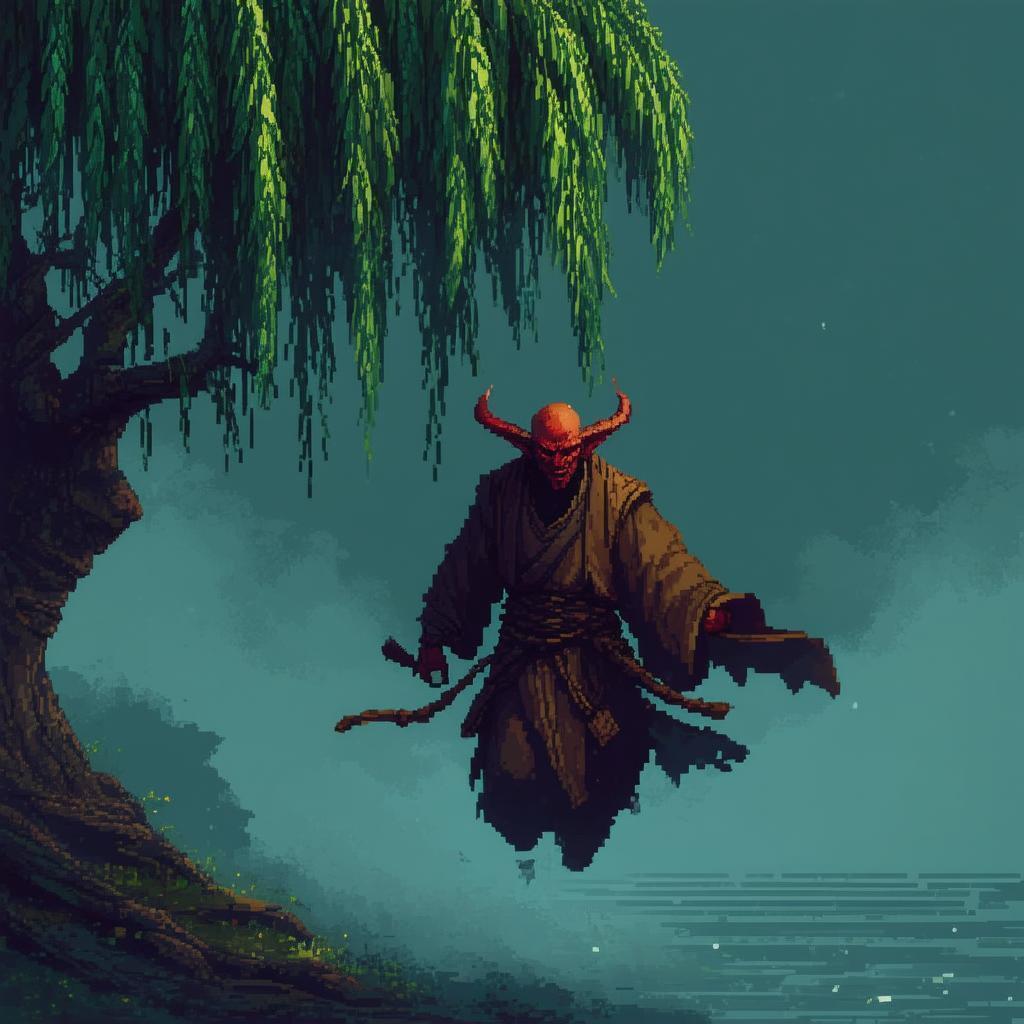Bald Demon Merchant Floating by a Foggy Willow