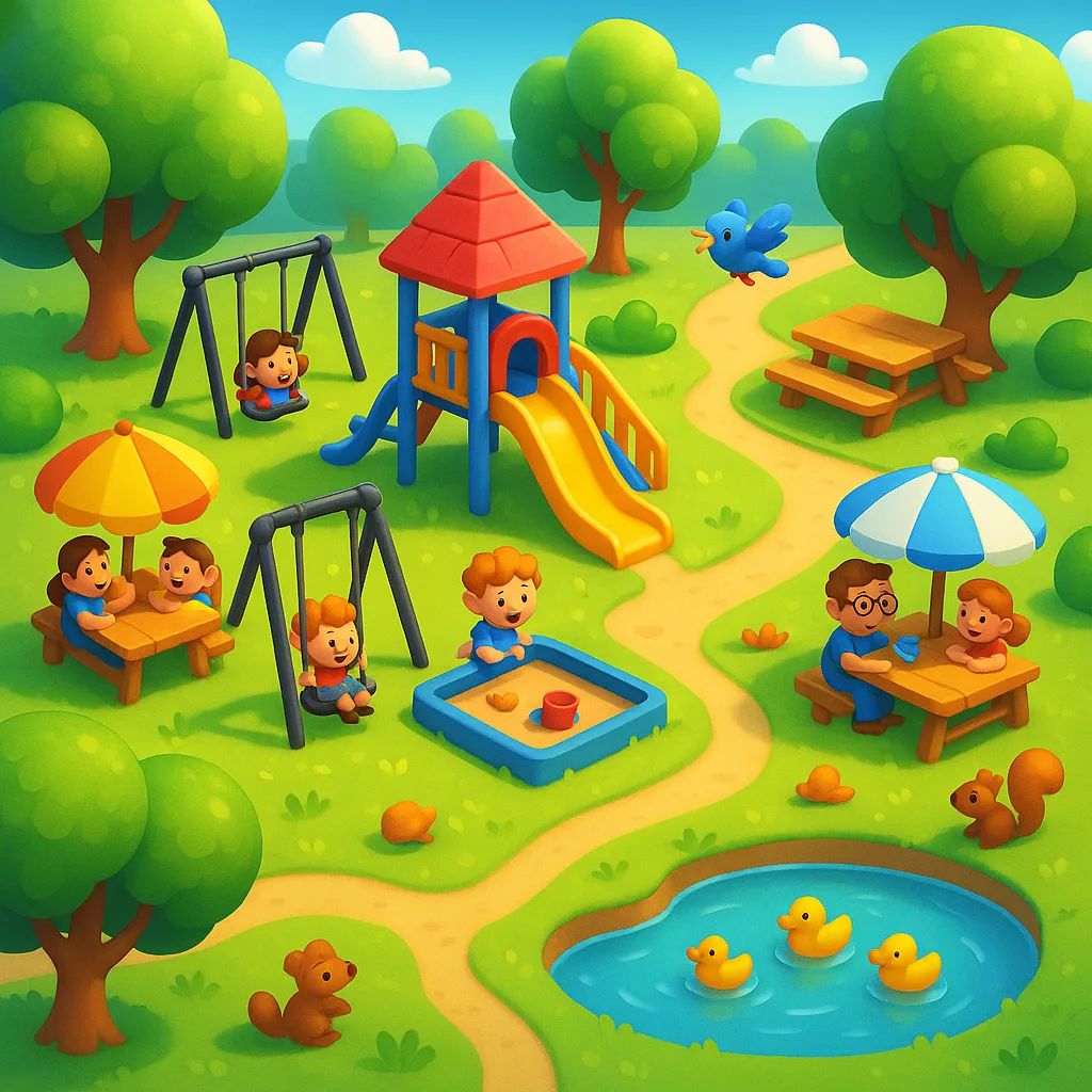 Dynamic Park Scene Rendered in a Vivid 3D Cartoon Style