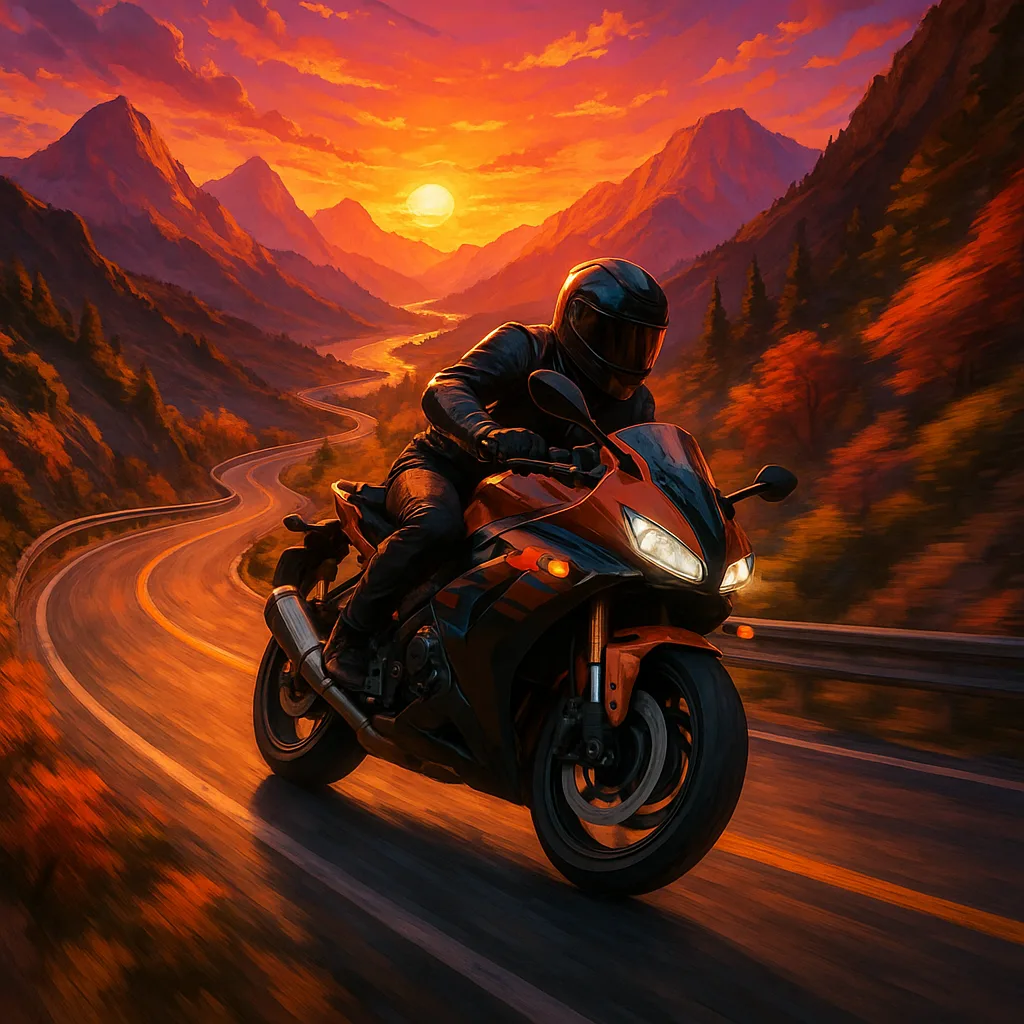 Dynamic Image of a Modern Motorcycle Racing Along Curving Mountain