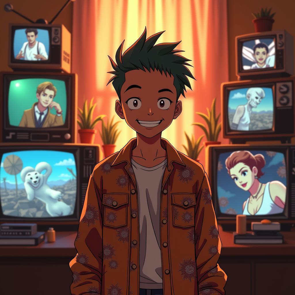J Balvin Smiling Among Vintage Anime Televisions