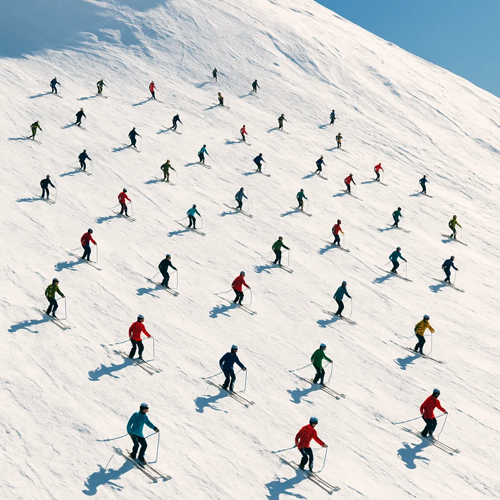 Numerous Tiny Figures on Skis Create a Scattered Pattern