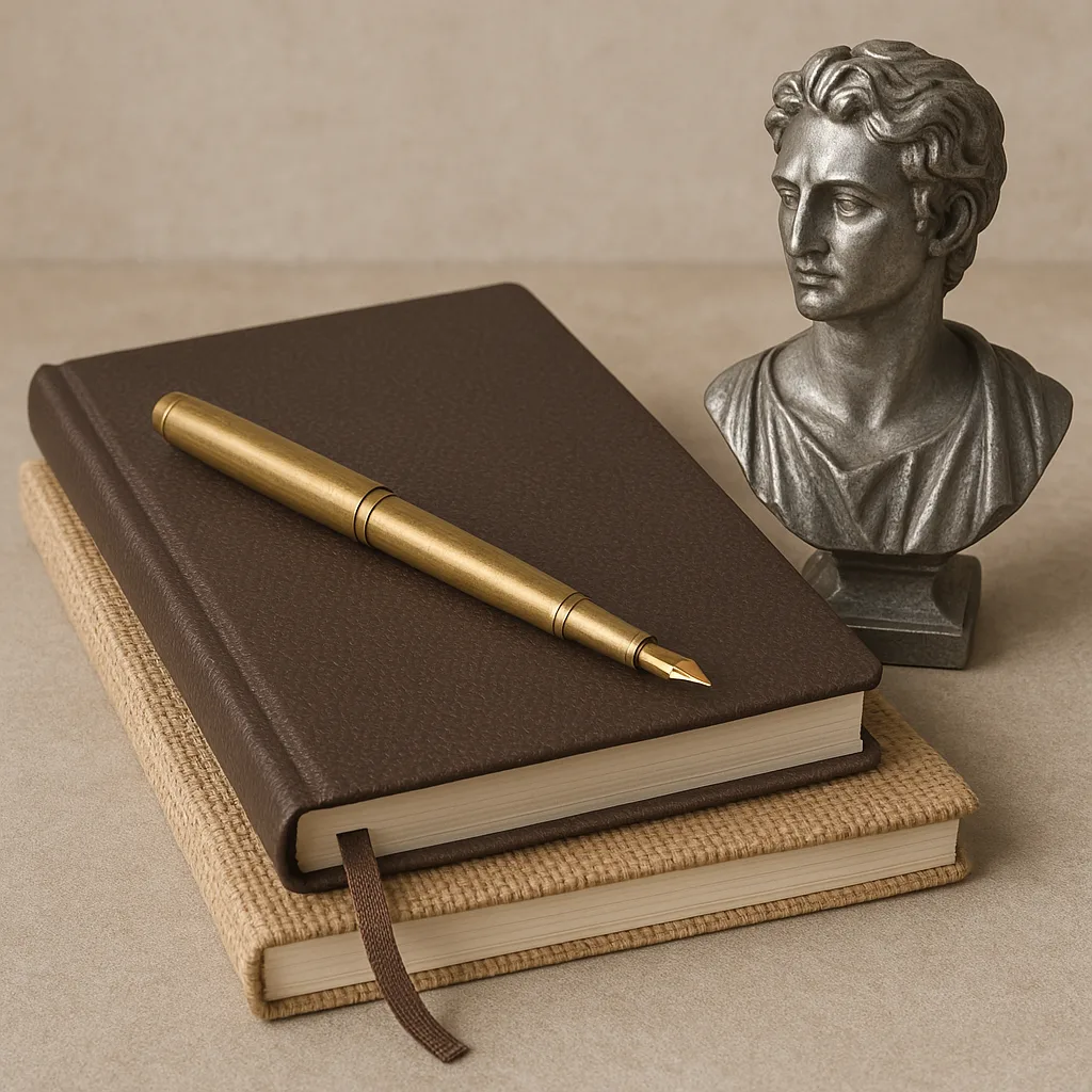 Brass Pen and Textured Journal Rest on the Woven Notebook