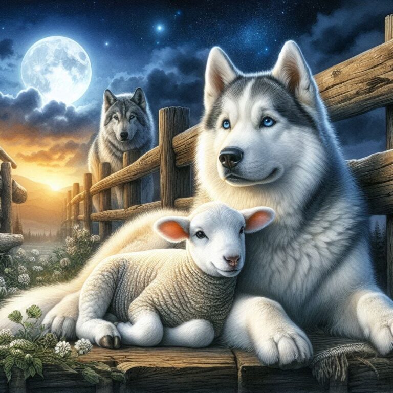 Husky and Lamb Under Full Moon at Sunset