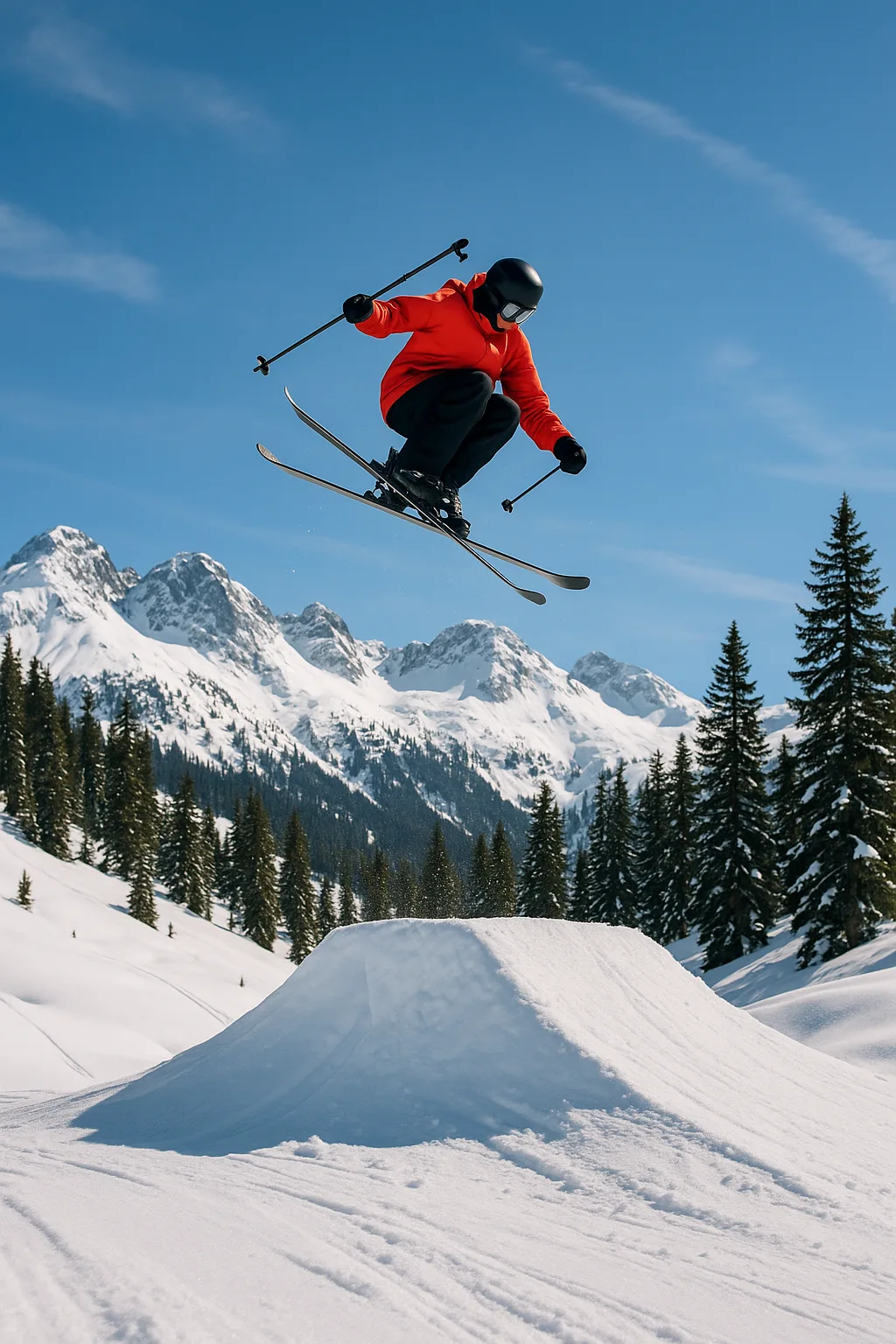 Skier in Mid-air Performing a Trick Off a Snowy Jump