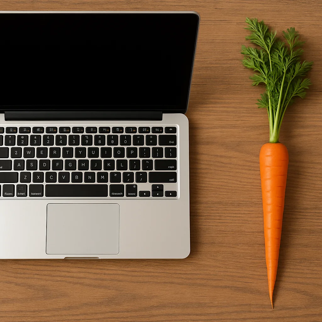 Wooden Desk with a Laptop on It and a Carrot