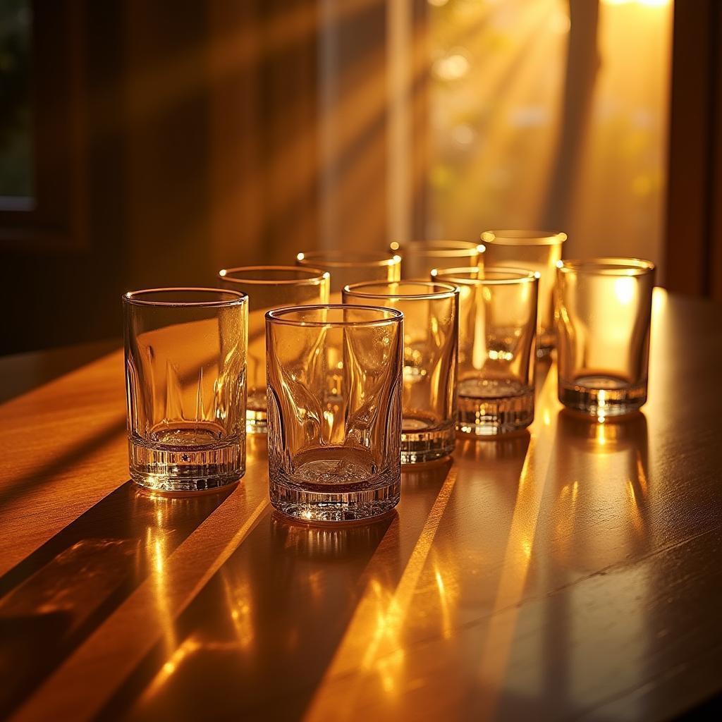 Glasses Catching Shadows in Golden Hour Stillness