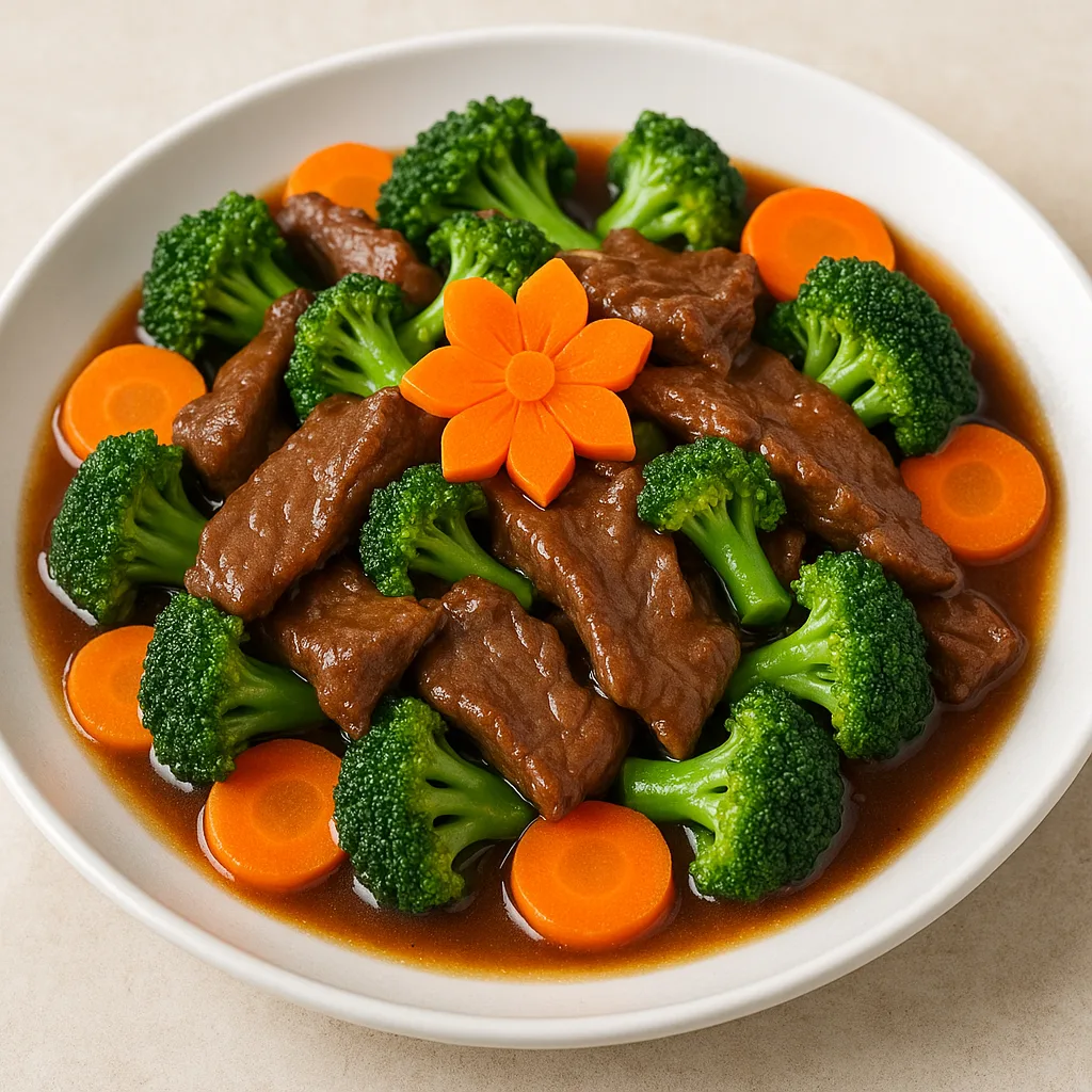 Plate of Beef Stir-fry with Broccoli and Carrot Slices