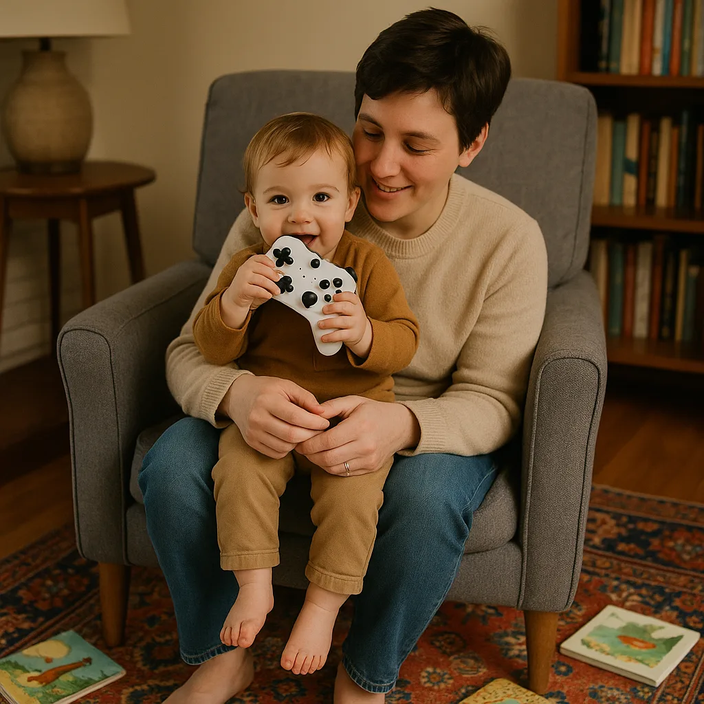 Adult Sits Comfortably in a Gray Armchair