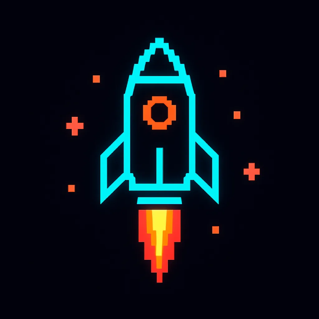 Sleek 8-bit Pixel Logo Featuring a Neon-lit Rocket