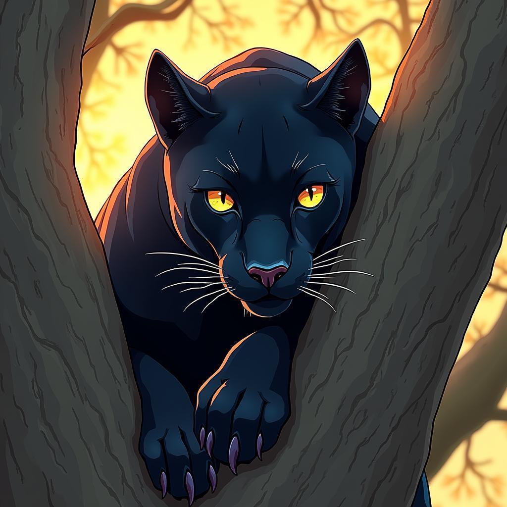Black Panther Gazing Down From a Golden Tree